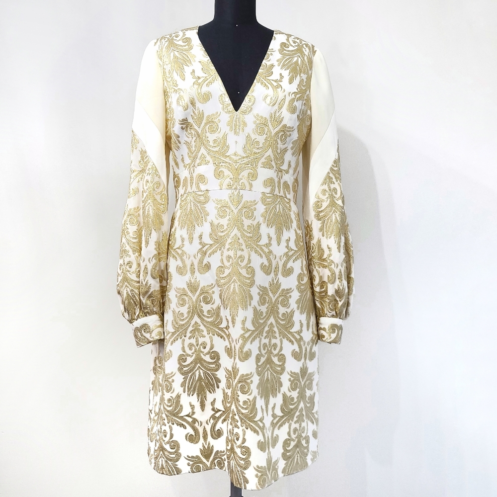J. Mendel Paris Couture Baroque Silk Patchwork Puff Sleeve Mini Dress
